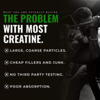 Person lifting weights with text about the problems with creatine supplements on a black background
