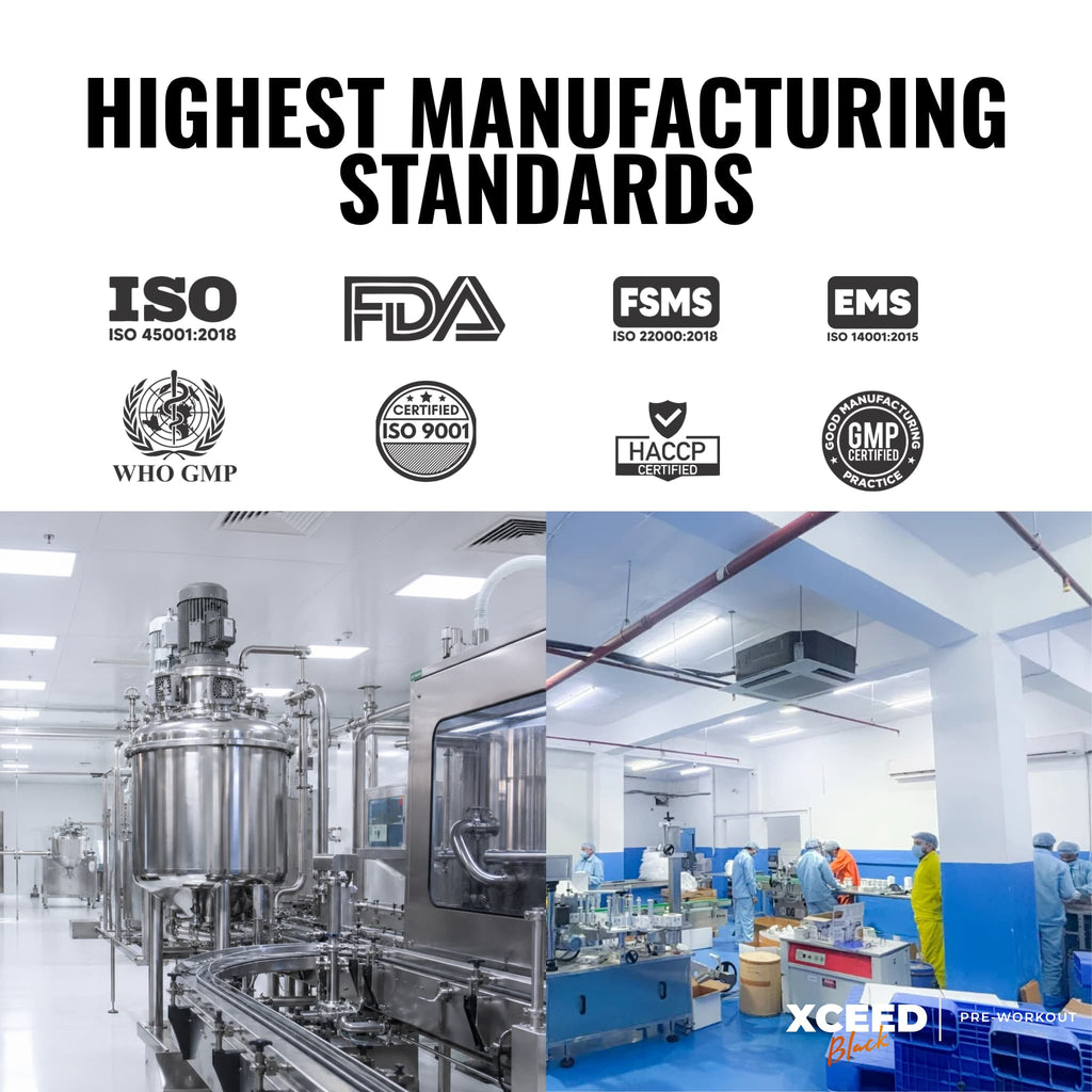 Promotional graphic for pharmaceutical manufacturing standards, featuring the text 'HIGHEST MANUFACTURING STANDARDS' above a collage of industrial equipment and a clean production floor with workers. Logos for ISO, FDA, FSMS, EMS, WHO GMP, Certi-USA ISO 9001, HACCP, and GMP are displayed.