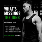 Muscular man in a tank top with fitness product advertisement text on a black background