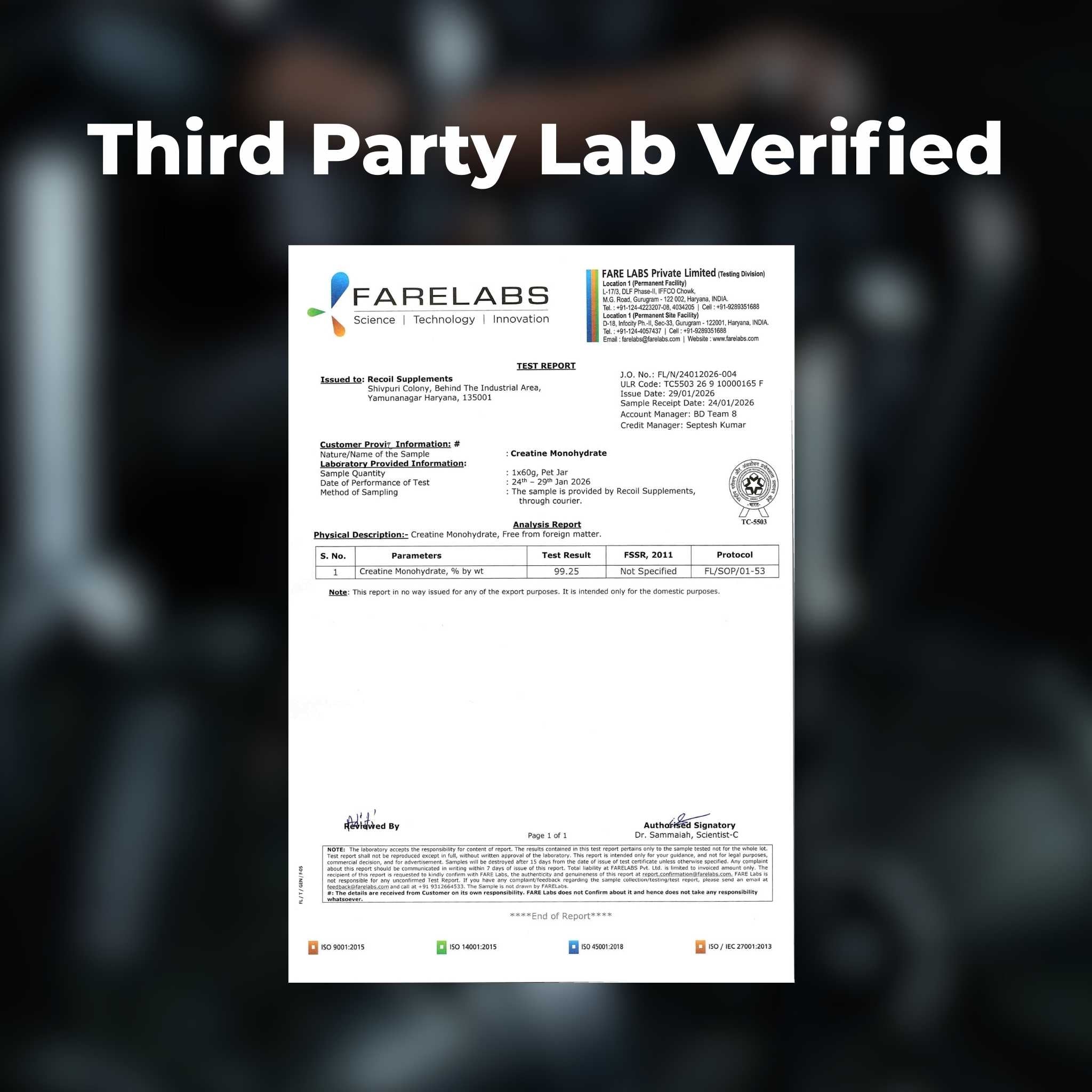 Certification document from Farelabs with 'Third Party Lab Verified' text on a blurred background of recoil creatine monohydreate
