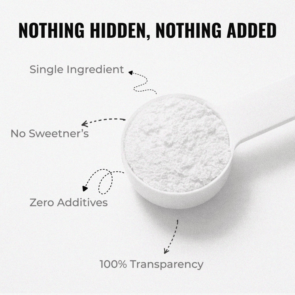 Spoonful of white powder with text highlighting 'Nothing Hidden, Nothing Added' on a light background